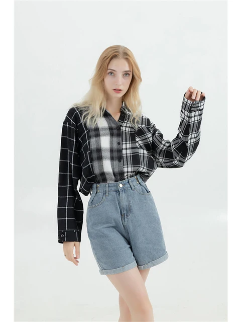 Oversized plaid patchwork blouses in black and white