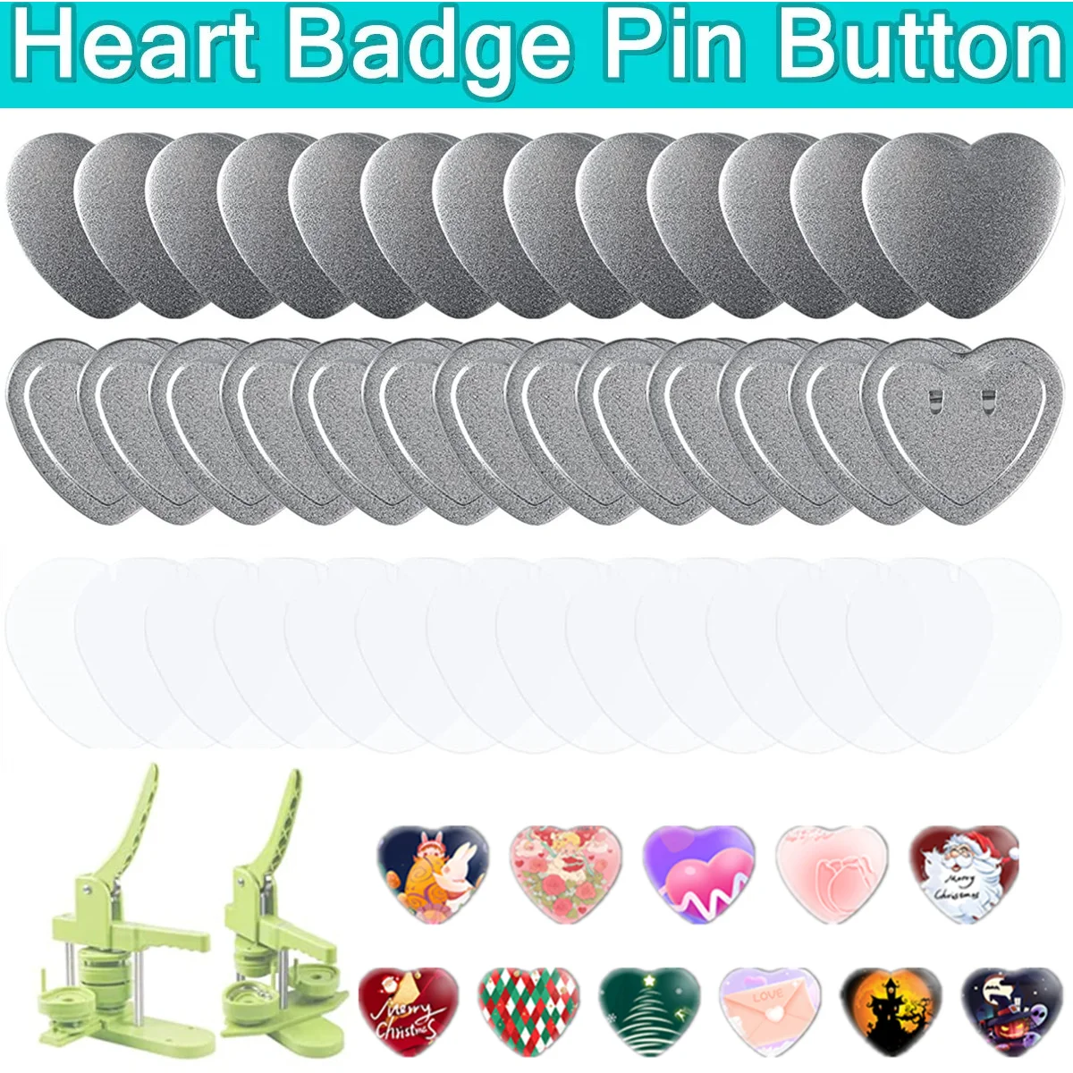 57MM Heart-Shaped Pin Button Maker Parts Include 50-100Sets of Heart-Shaped Metal Cover Button Back Cover Clear Film&Blank Paper