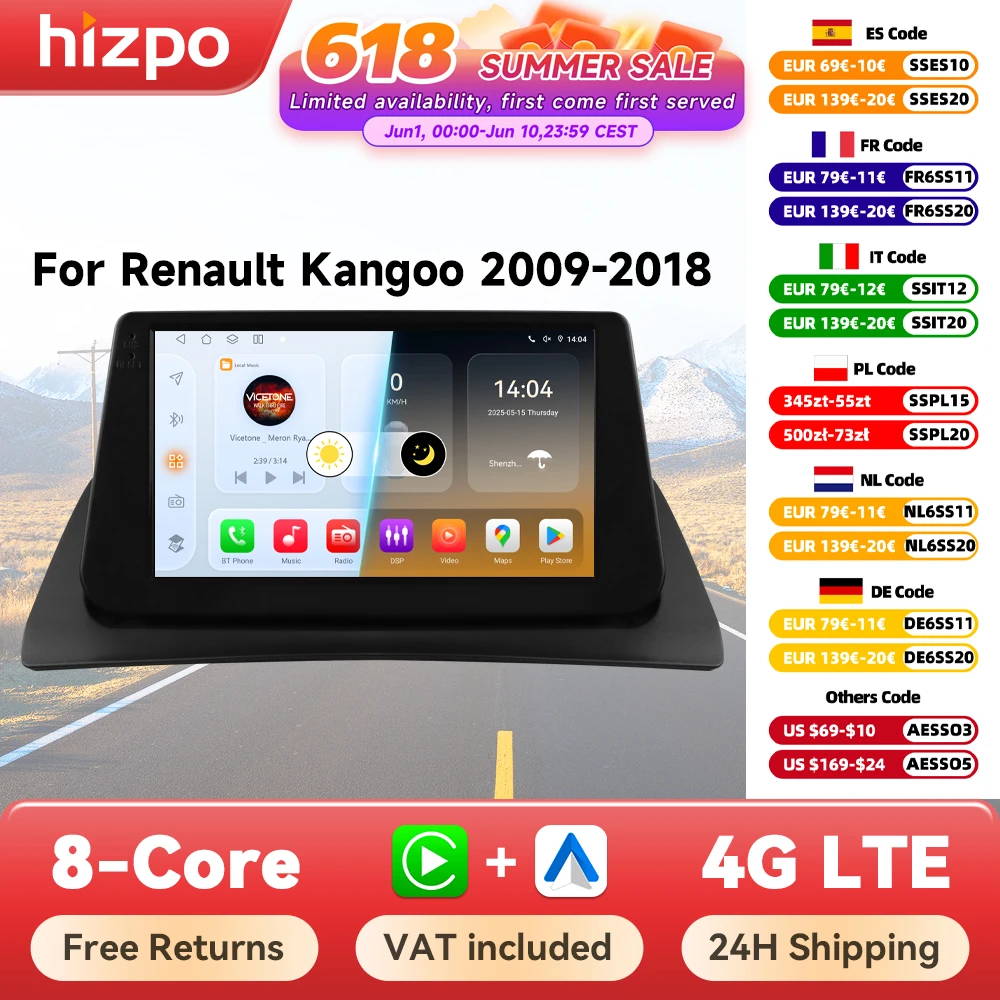 Hizpo-Radio con GPS para coche, reproductor Multimedia con Android, Carplay, sistema inteligente, NO 2DIN, unidad principal de DVD, para Renault kangoo 2009-2018 1