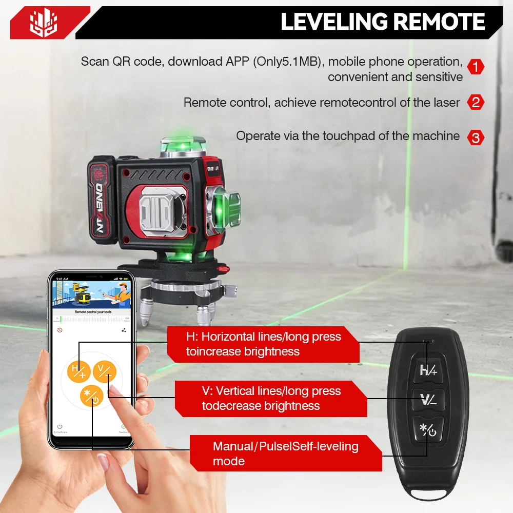 ONEVAN 4D 16 Linien 360 ° Nivellier-Laserwasserwaagen Kabellos Wiederaufladbar Messinstrument für Horizontale und Vertikale Nivellierung Elektrowerkzeug – Detail 8
