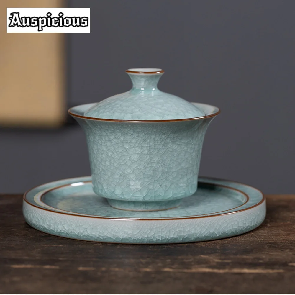 170ML Longquan Celadon Hand Grasping Gaiwan Handmade Ice Crack Galze Cover Bowl Tea Tureen Tea Maker Cover Bowl Teaset Gift Box