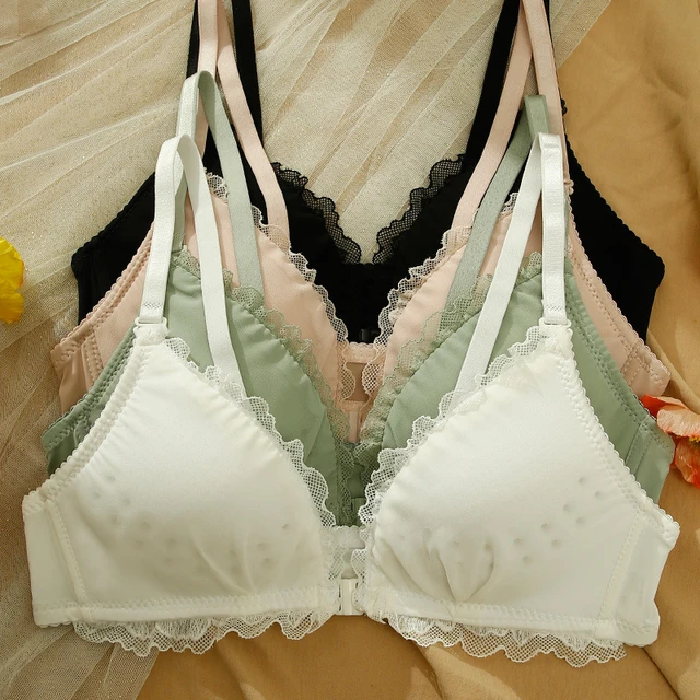 Front button underwear without steel ring summer thin small chest gathered  girls bra breathable triangle cup lingerie - AliExpress