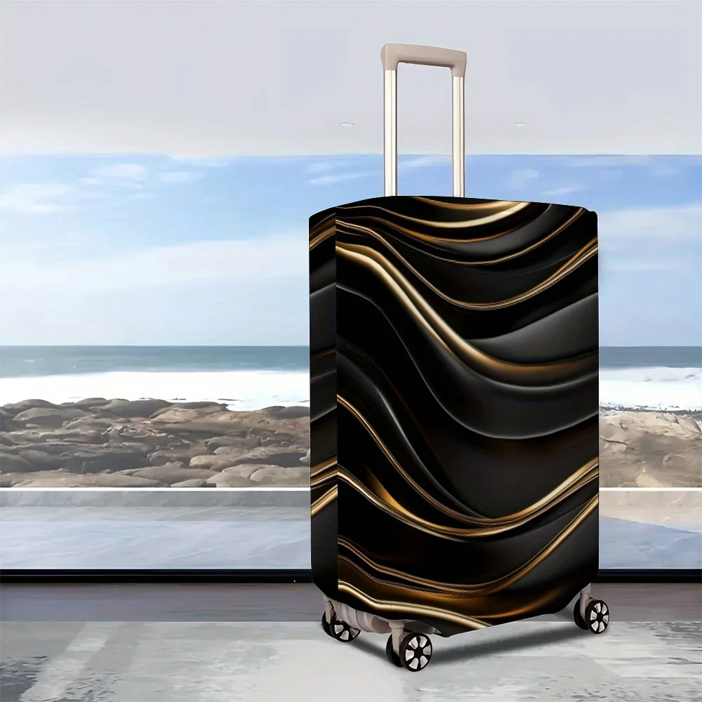 Funda de maleta de poliéster duradera, diseño abstracto negro y dorado, accesorios de viaje reutilizables para aeropuerto y salida