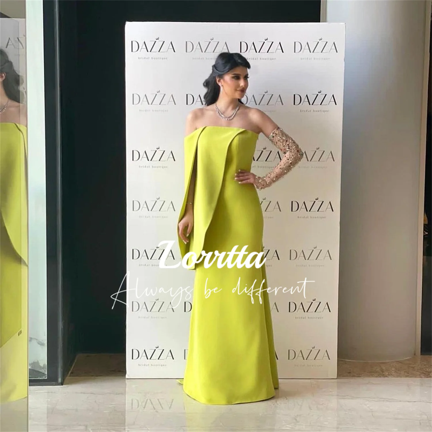 

Lorrtta Yellow Green Modern Boat Neck Strapless Evening Gown Floor Length Satin Crystal Saudi Arabian Ball Dubai Dresses Luxury