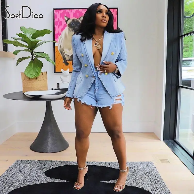 

Soefdioo Fashion Long Sleeve Lapel Vintage Suit Jeans Jacket Women Casual Tops Slim Denim Blazer Outwear 2023 Female Streetwear