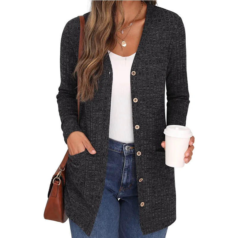 Women Trendy Streetwear Ribbed Pockets Single Breasted Cardigan Jacket Autumn Solid V Neck Long Sleeve Loose Tunic Outewear Coat