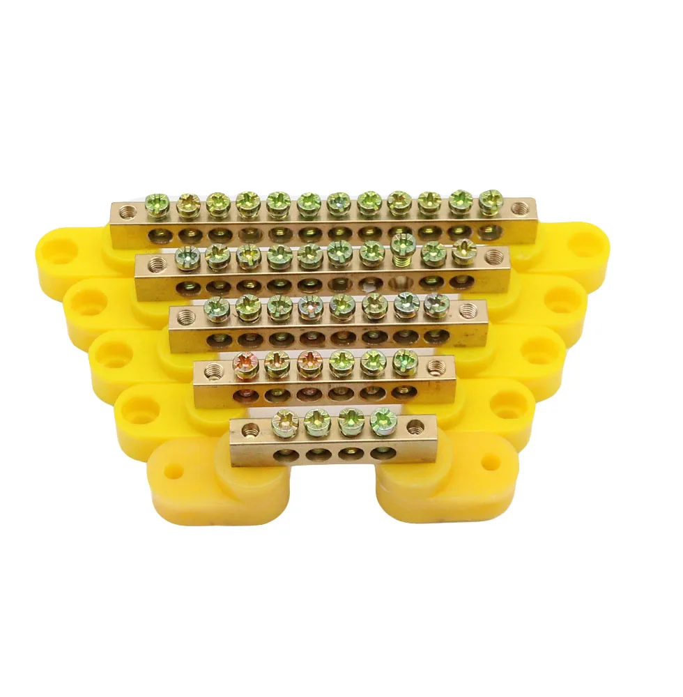 Blue yellow Bridge Design Zero Line 4-12 Pole Screw Brass Copper Grounding Strip Terminal Block Connector Earth And Neutral wire connectors din rail terminal block ground bar connector