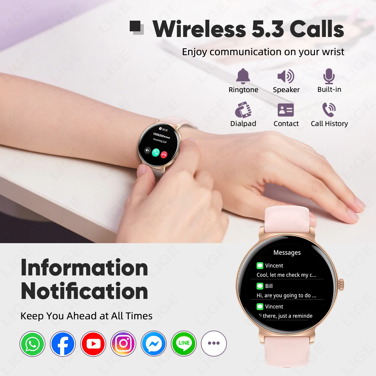 LIGE 8mm Ultra-thin Ladies Smart Watch 1.27" HD Bluetooth Call Women Smartwatch Fitness Bracelet Female Health Custom Watch Face