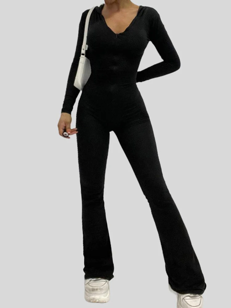 IAMSURE Sporty Activewear Basic Solid Jumpsuits Slim Hooded V-Neck Zipper Long Sleeve Rompers Women 2023 Autumn Winter Fashion