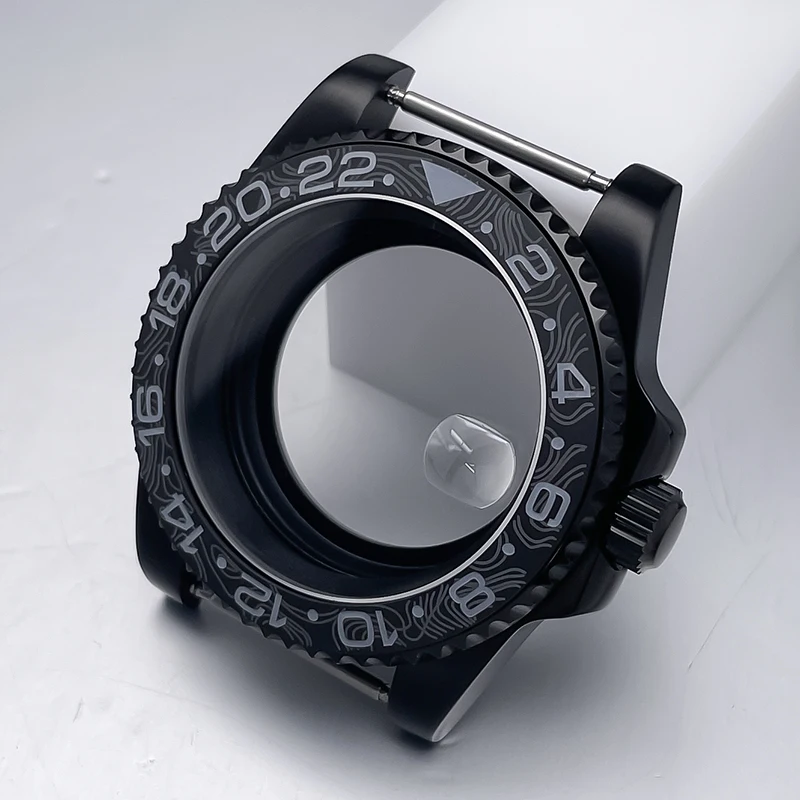 All-Black Sub Style Watch Case with Rubber Strap and Sapphire Crystal