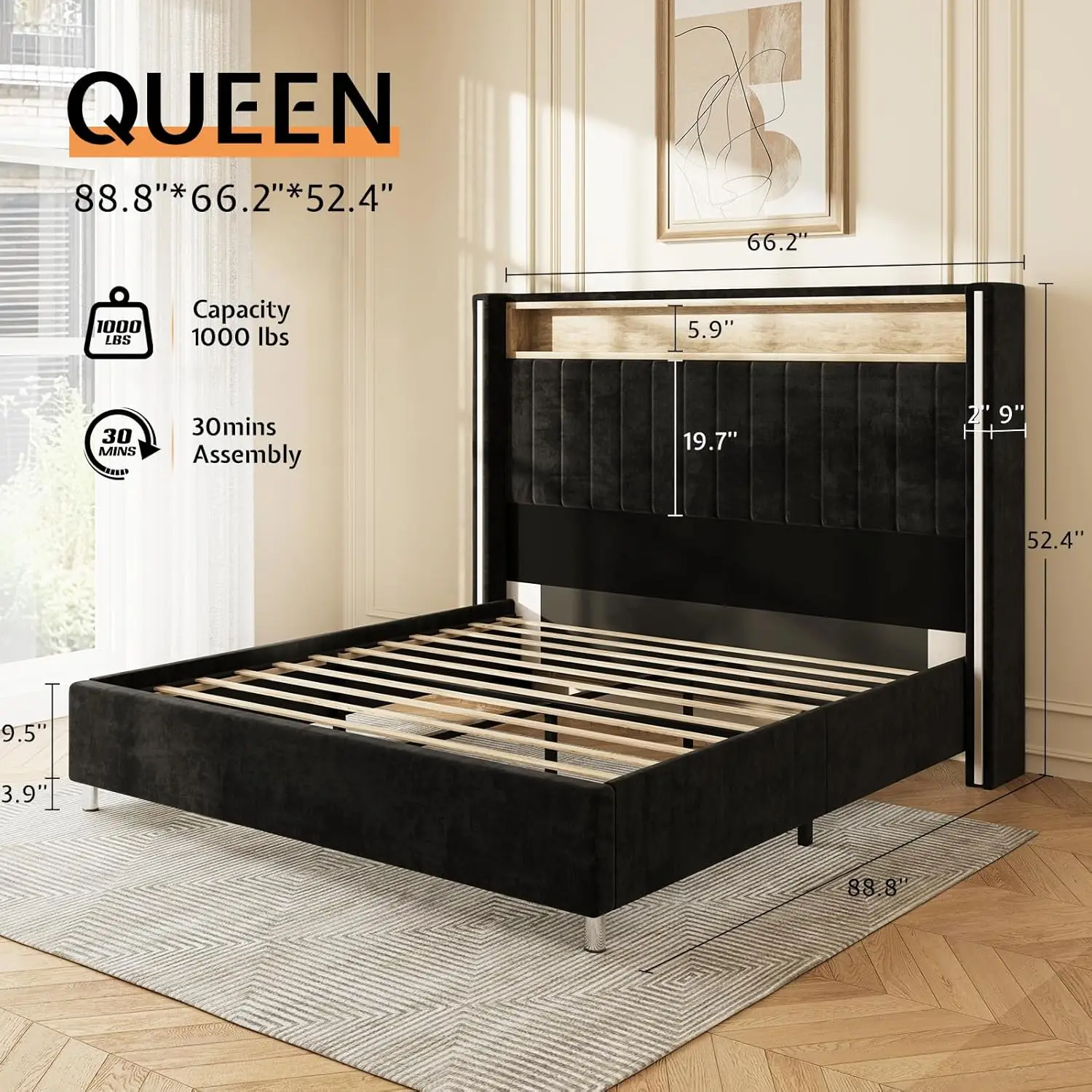 Size Bed Frame with LED Lights and Charging Station,Velvet Upholstered Platform Bed with 53 Tall Storage Headboard and Wingbacks 2