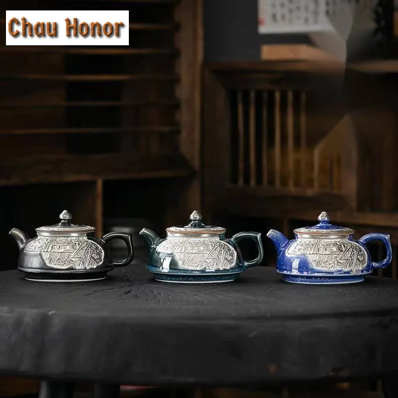 Handmade 999 Gilded Silver Tea Tureen High End Relief Non Hot Tea Bowl Chinese Tea Brewing Kettle Kung Fu Teaware Utensil Gifts