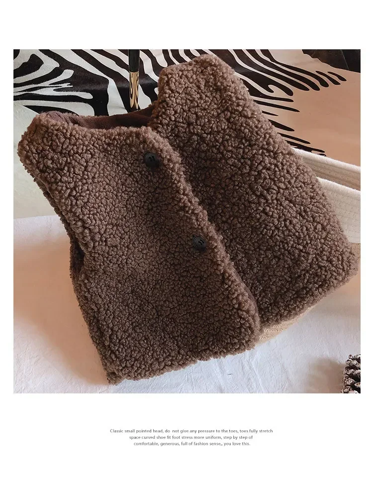 한국어 스타일 가을 겨울  ??소녀 조끼 베이지 브라운 민소매 모피 코트 싱글 브레스트 조끼 아동 Outwears