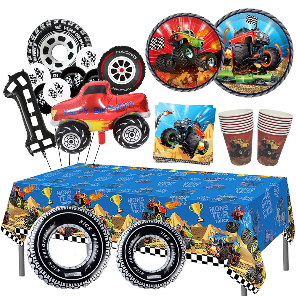 

Monster Trucks Theme Disposable Tableware Party Plate Cups Tablecloth Car Wheel Foil Balloons Monster Truck Birthday Decorations