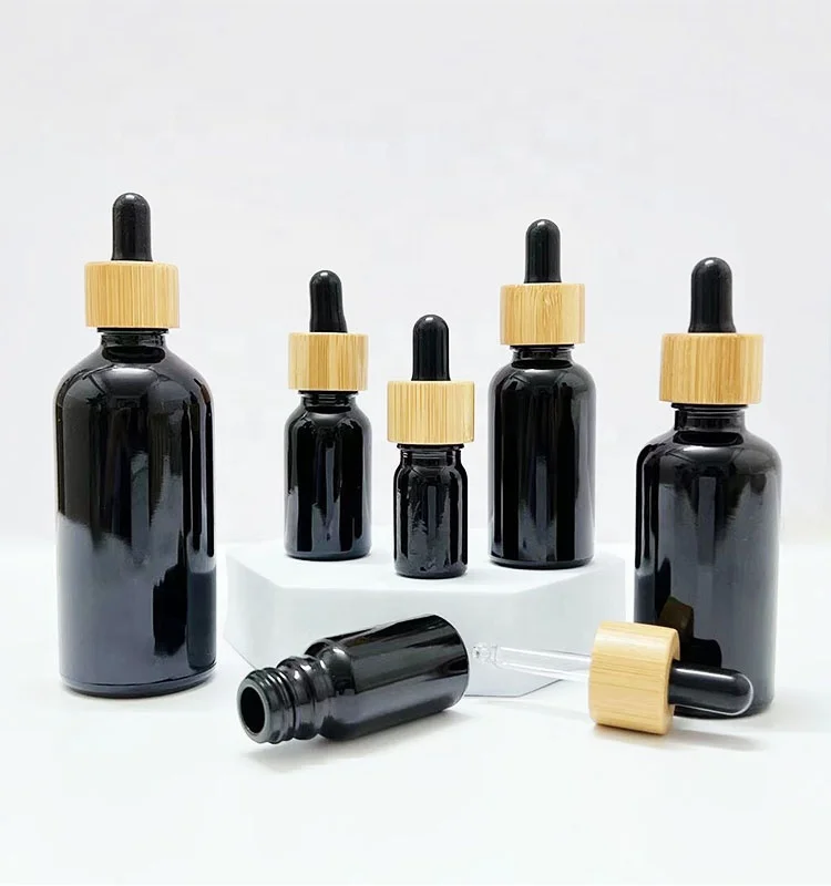 

Empty 5ml 10ml 15ml 20ml 30ml 50ml 100ml Black Glass Perfume Dropper Bottles With Bamboo Lids Essential Oil Cosmetics Packaging