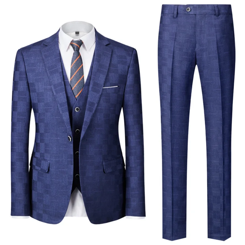 

Синий мужской костюм из 3 предметов, деловая Повседневная приталенная одежда в клетку для свадьбы, банкета, офиса, работы, Женская куртка, жилет с брюками