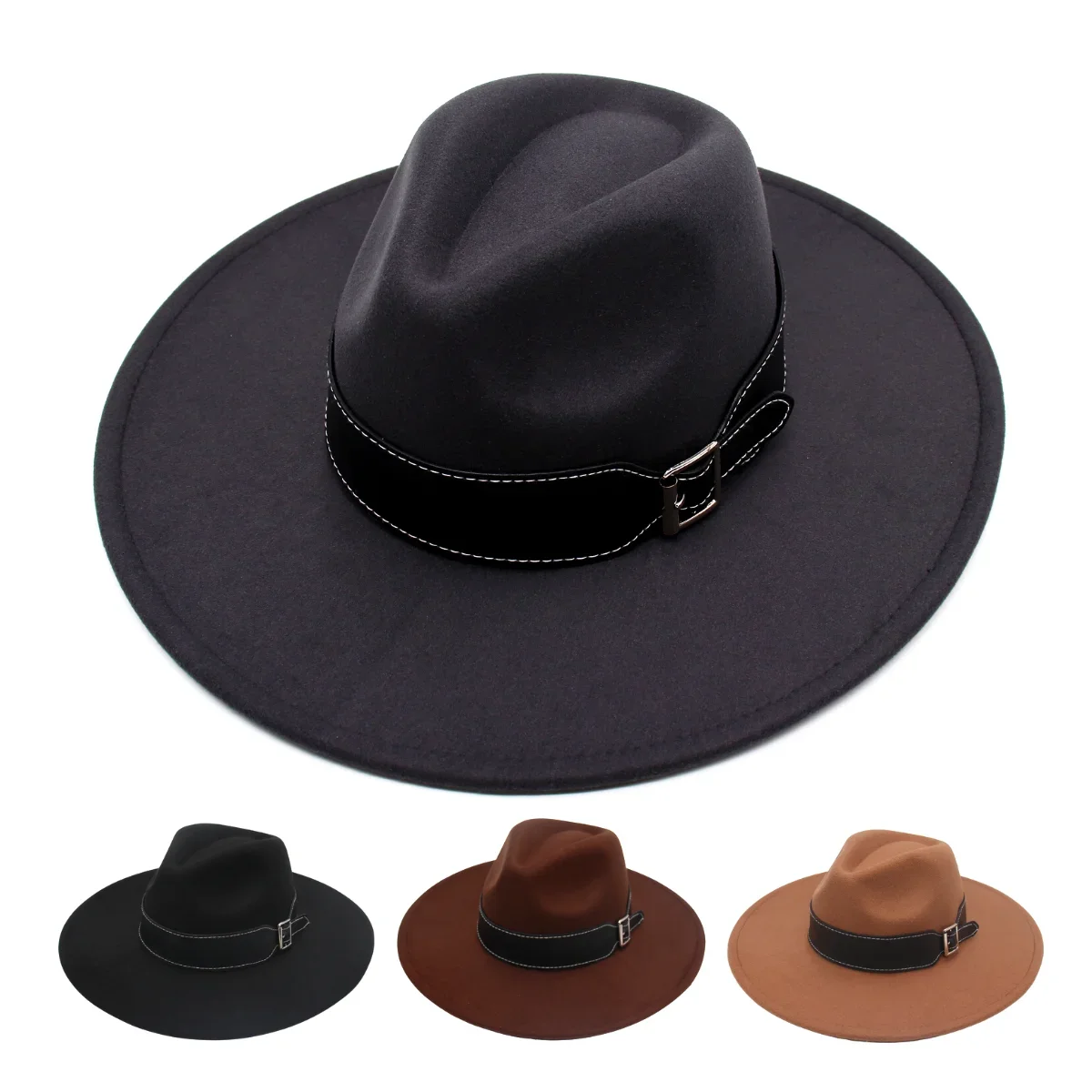 

9.5cm Large Wide Brim Classic Women Fedora Hat Unisex Wool Felt Hats British Big Belt Jazz Men Hat Autumn Winter Retro Dress Hat