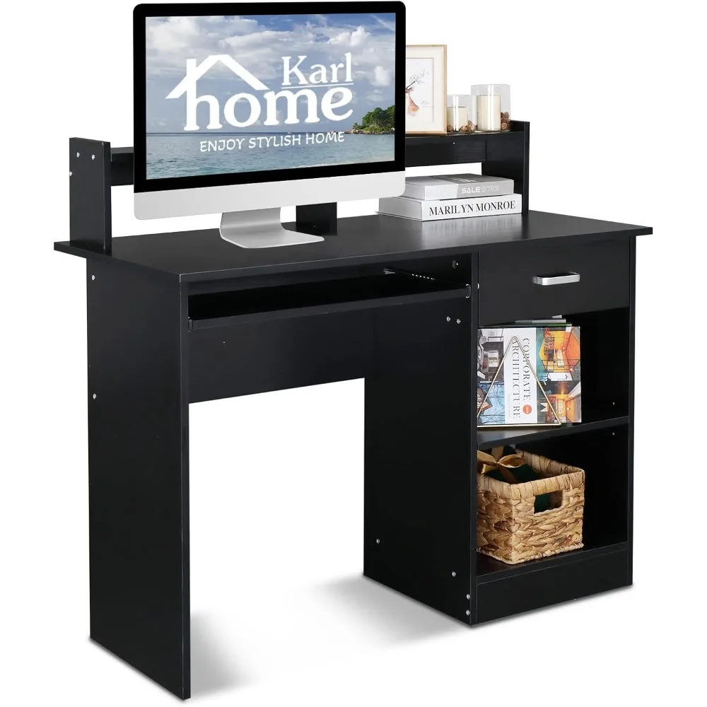 "elegant wooden home office desk with drawer, shelf, and keyboard tray for pc and laptop, black"