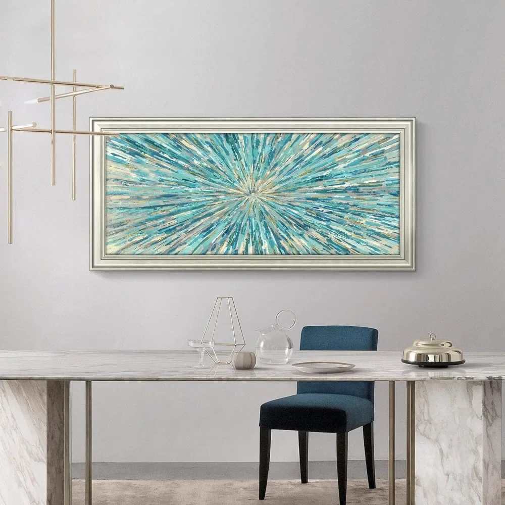 

Abstract Canvas Wall Art Decor Framed Gold Teal Turquoise Picture Large Blue Glitter Textured Painting Contemporary Foil Artwork