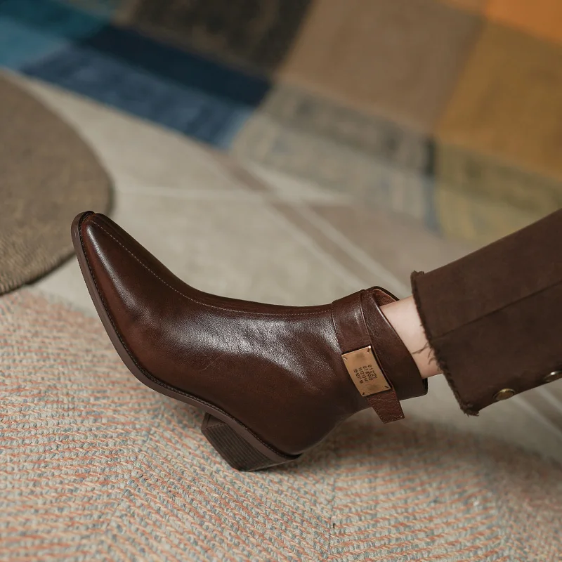 

Женские ботильоны на толстом каблуке, зимние теплые ботинки из натуральной кожи с острым носком и боковой молнией, весна-осень