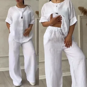 Women's Cotton and Linen Pants Suit Casual Solid Color Pullover Pants 2-piece Set White Pink 1