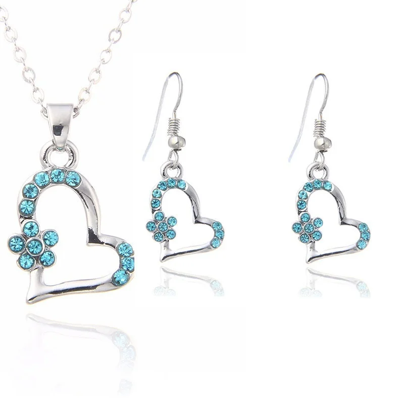 3pcs/set Jewelry Set Women Cute Heart Necklace Silver Plated Diamond Crystal Pendant Bride Earrings - Image 2