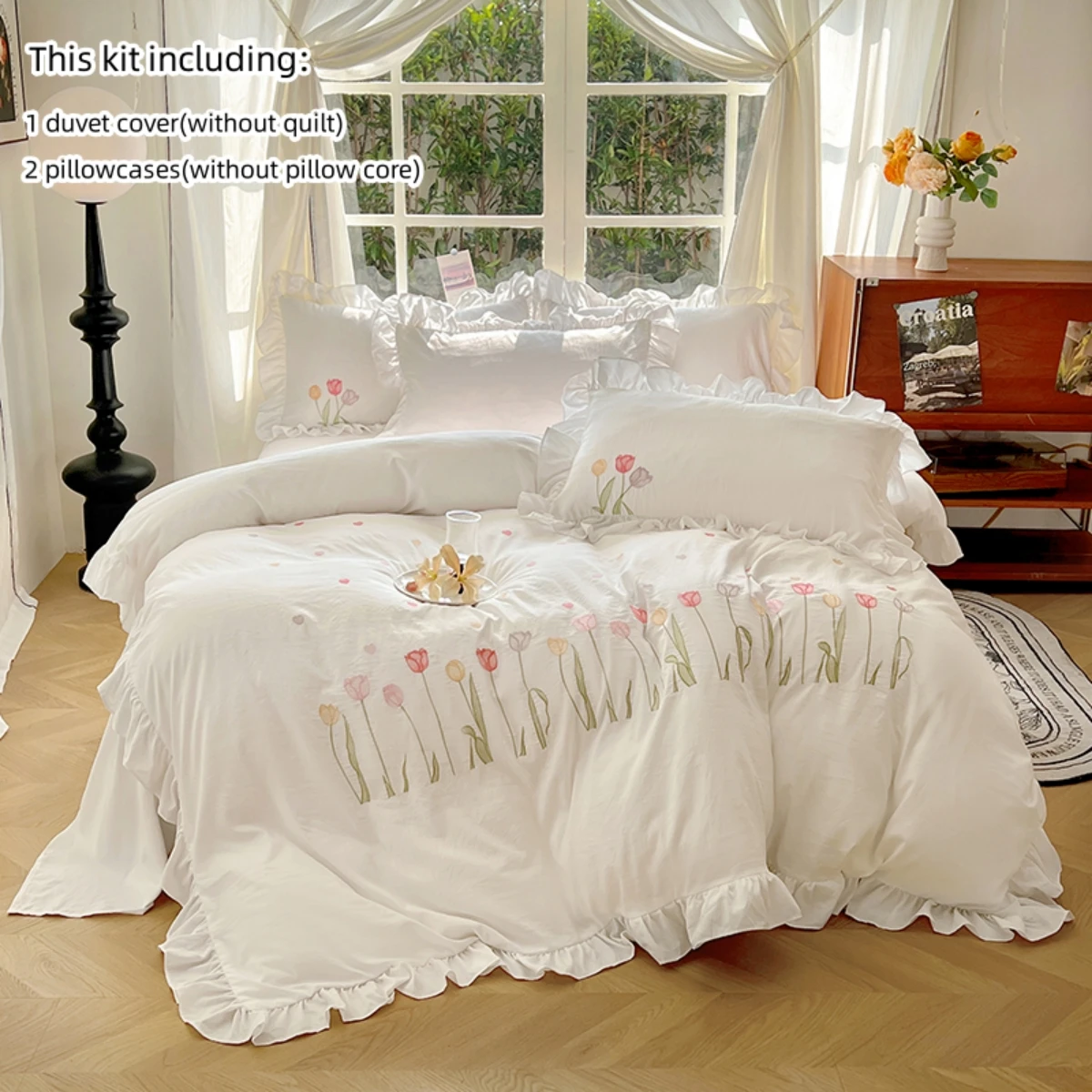 King Size Comforter cover Set, 3 PCS tulip embroidery with ruffles Pattern, Soft All Season King Bedding Set ﻿