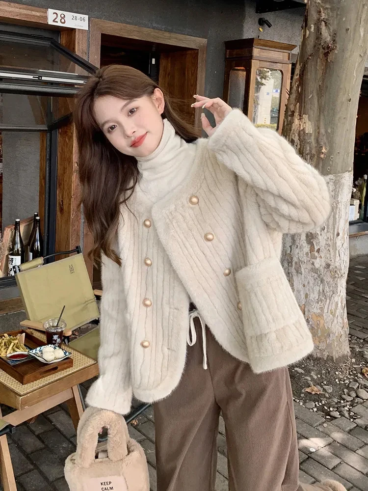 Korean Faux Rabbit Fur Cropped Jackets Classics Trend Plush Women's Coat Casual Slim Casacas Winter Warm Elegant Ceketler New