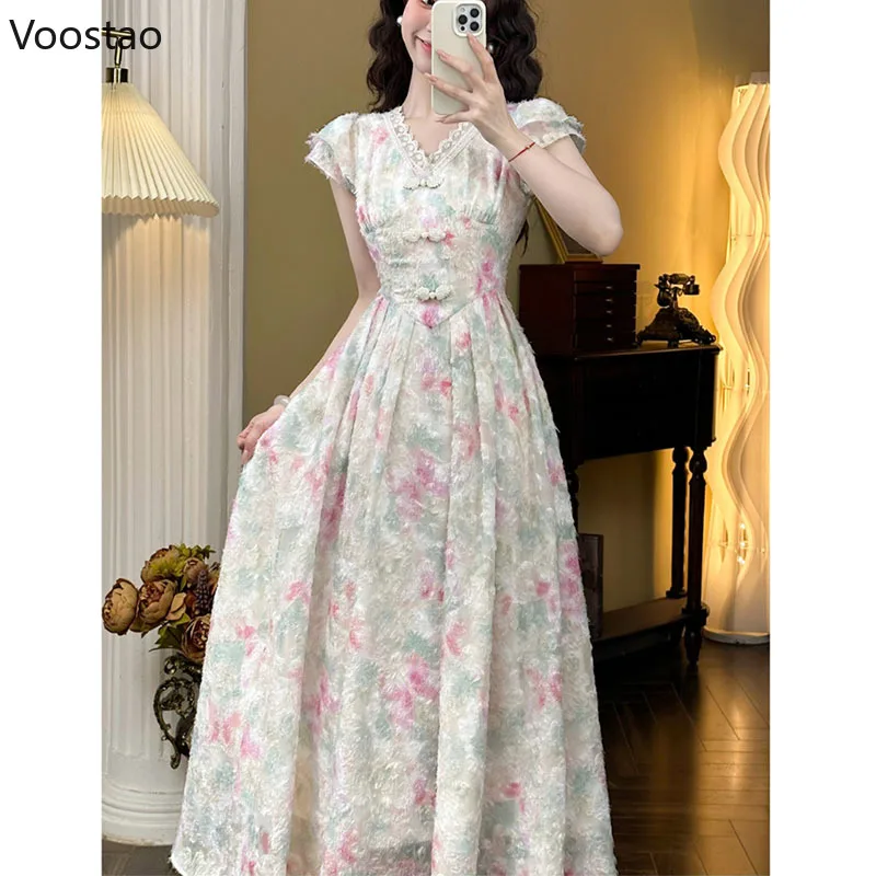 France Vintage Midi Dress Women Elegant Chic Floral Princess Party