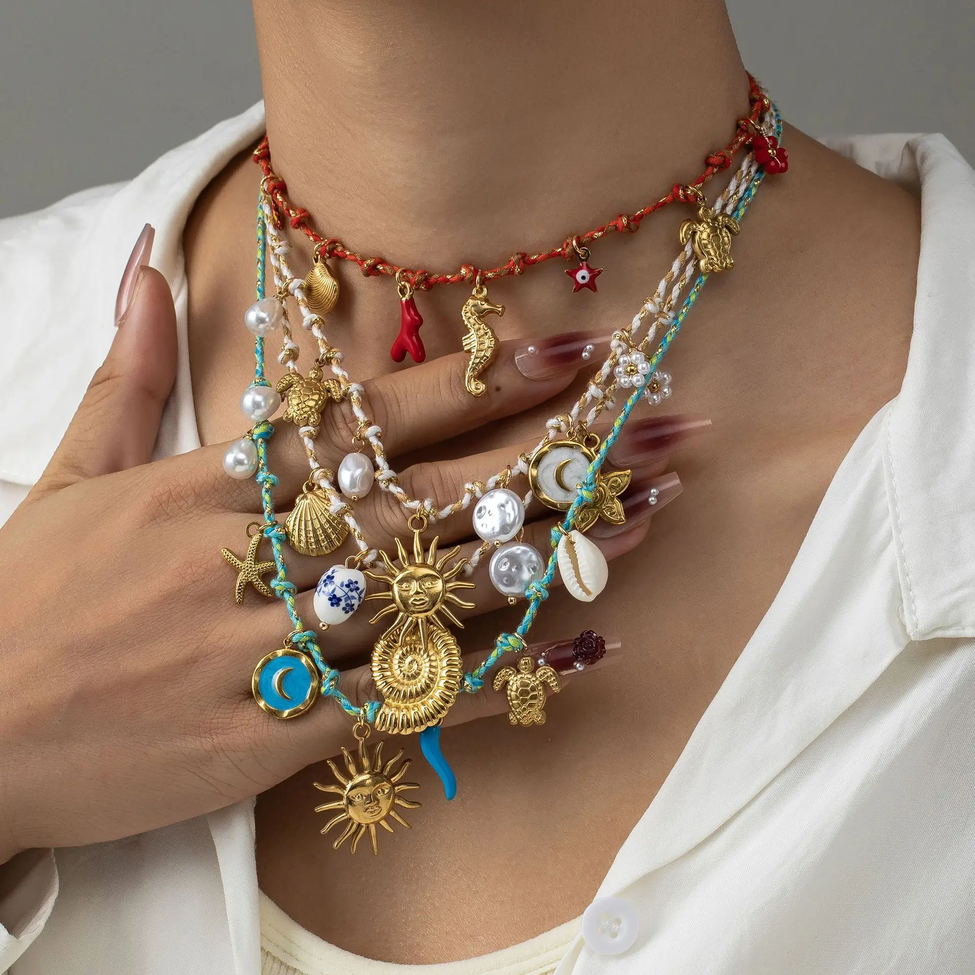 New Marine Organism Pendant Mini Sun Snail Shell Flower Charms Choker Colorful Rope Pearl Imitation Coral Necklace Beach Jewelry