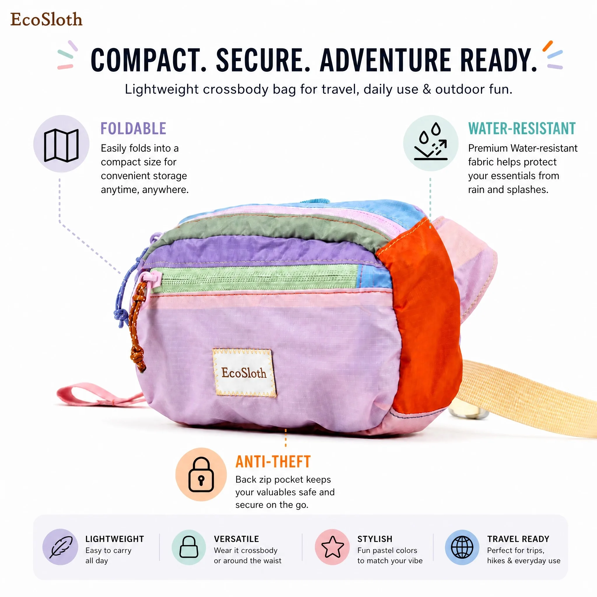 EcoSloth Waist Pack Belt Bag For Unisex and Random Dopamine Portable Outdoor Travel Bags Single Shoulder Handheld Crossbody Bag 1