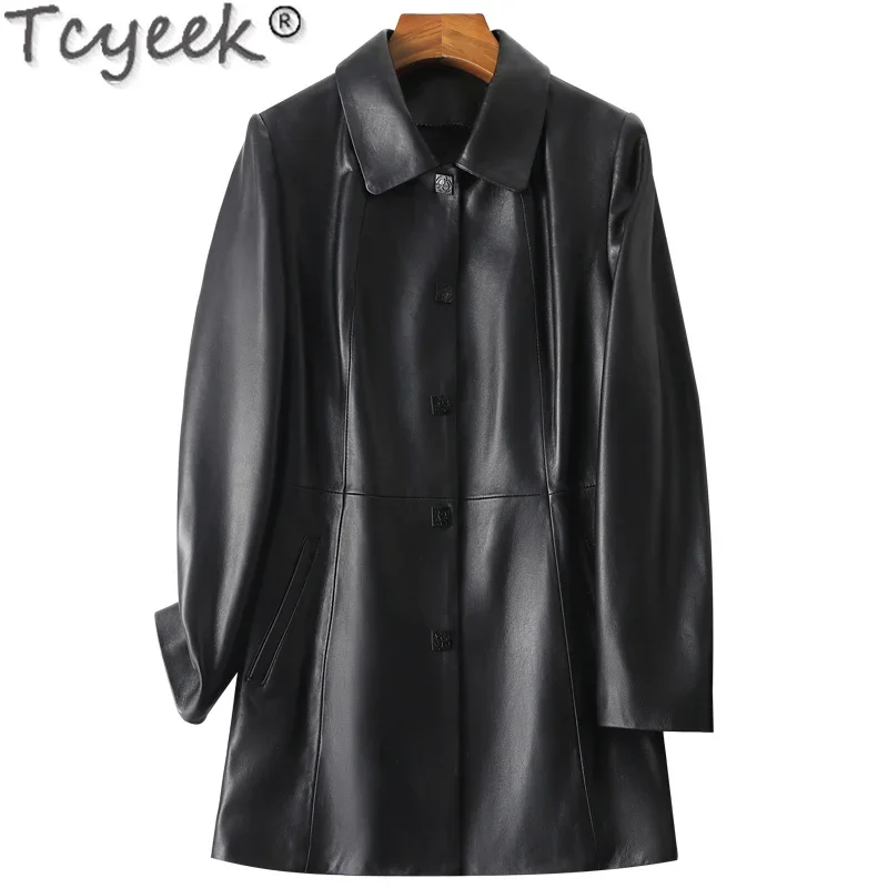 Tcyeek Sheepskin Genuine Leather Jacket Spring Motorcycle Coat Women Clothes Loose Long Jackets Black Chic Trenchcoat Chaquetas
