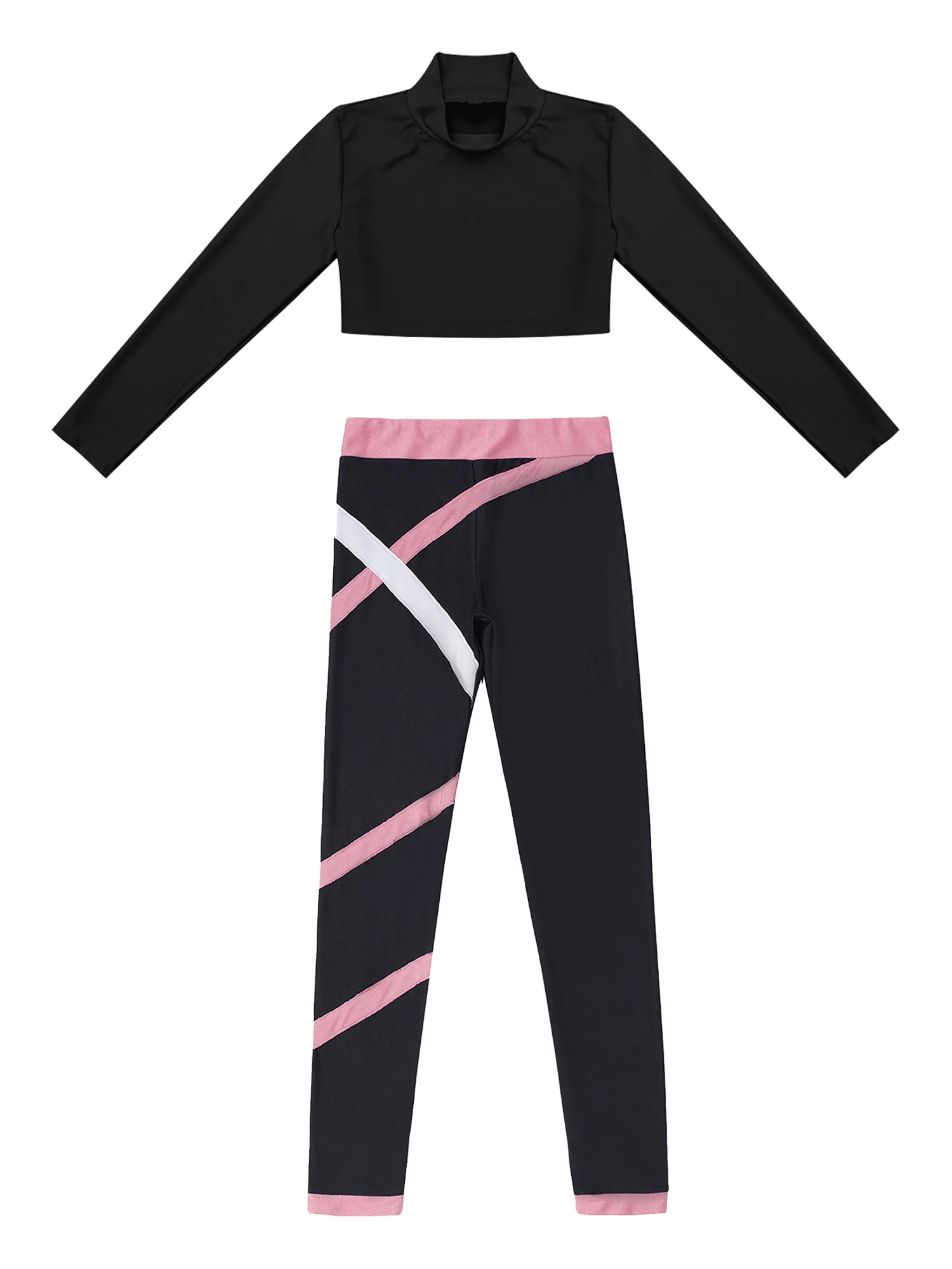 Kids Girls Sports Wear Long Sleeves Stretchy Skinny Crop Tops with Colorblock Leggings Set for Gym Yoga Figure Skating Workout