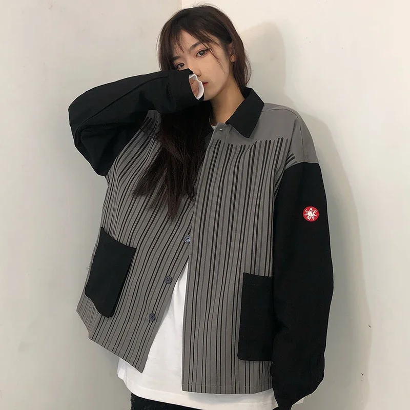 

Fashion Single Breasted Japan Style Outwear Men's and Women's Same Popular Harajuku Work Coat Stripe Stitching Gray Black Jacket