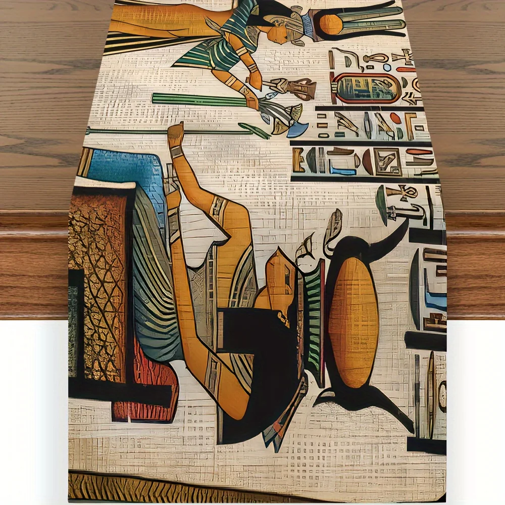 Ancient Egyptian Mural Ethinic Linen Table Runner Holiday Decorations Reusable Farmhouse Kitchen Dining Table Runner Party Decor 2