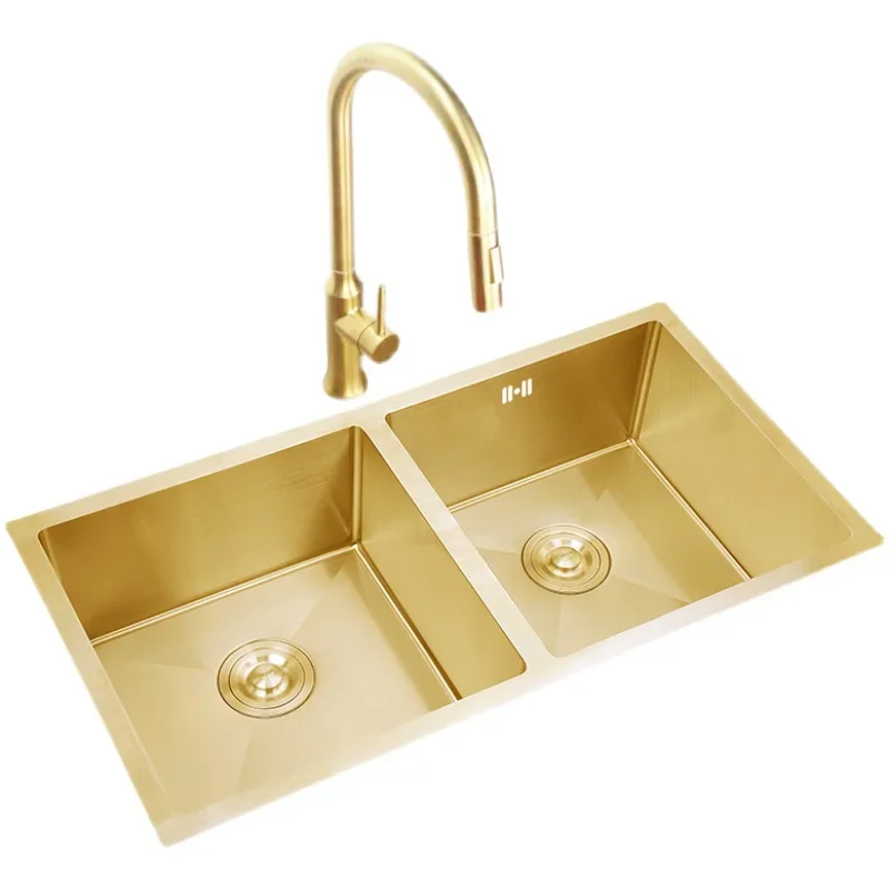 

Gold nano water double tank with the same size, 304 stainless steel thickened kitchen sink, vegetable basin, household use