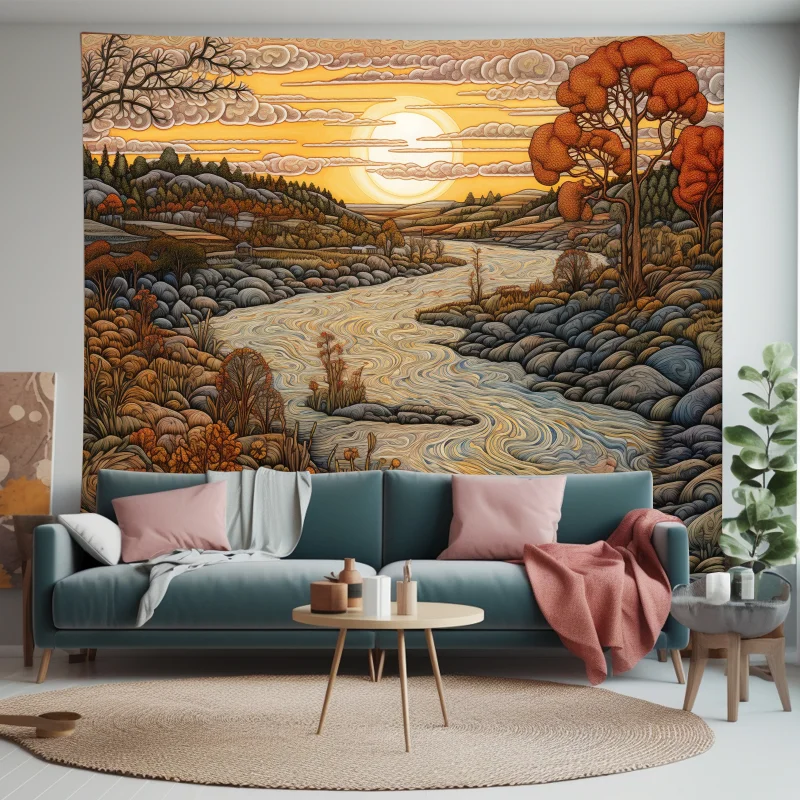 

Mountain River Sunset Tapestry 100% Polyester Wall Hanging Decor for Natural Scenery Lovers Wall Art for Living Room Decoration