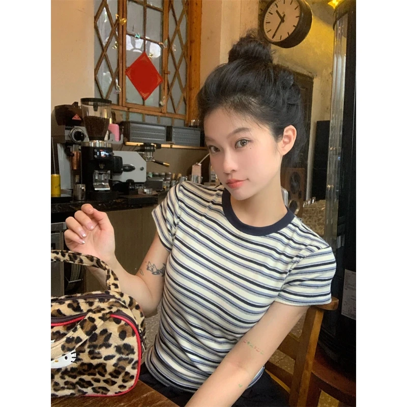 Vintage Women Y2K Striped Crop Top T-shirts for Women Slim Casual Short Sleeve Tee Sweet Tops Fashion Clothes 2025 Summer New 6