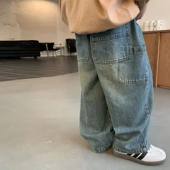 Children's Retro Jeans Loose Straight Pants Wide Leg Pants for Boys and Girls 2025 New Spring Autumn Kid's Denim Pocket Trousers 1