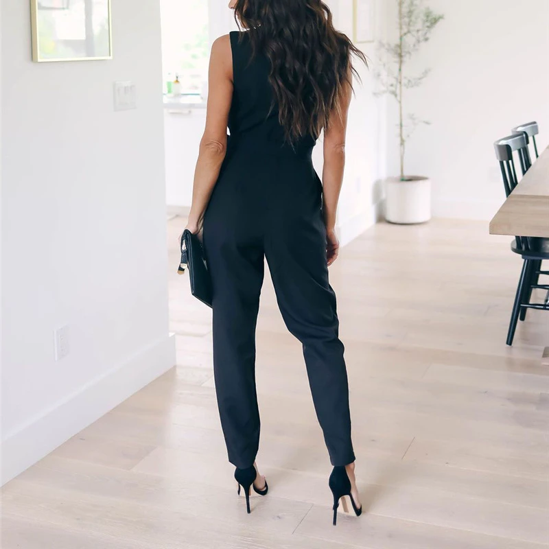 Women Solid Bandage Casual Jumpsuits 2021 Summer Fashion Lace Sleeveless V-neck Pocket Long Pants Rompers Black Jumpsuit Female