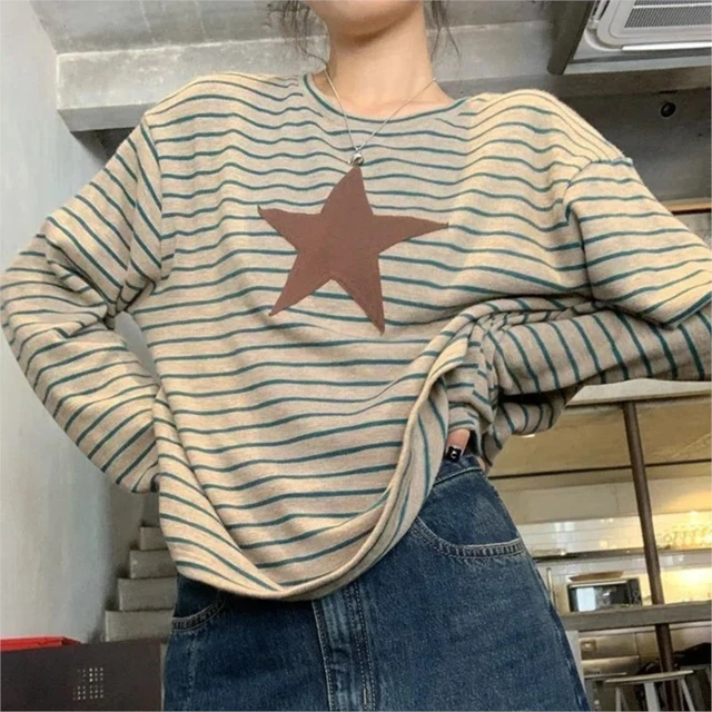 2022 Fall O-neck Long Sleeve T-shirt Embroidered Star Patch Vintage Striped Top Korean Loose Clothes Women Pullover Grunge - T-shirts - AliExpress