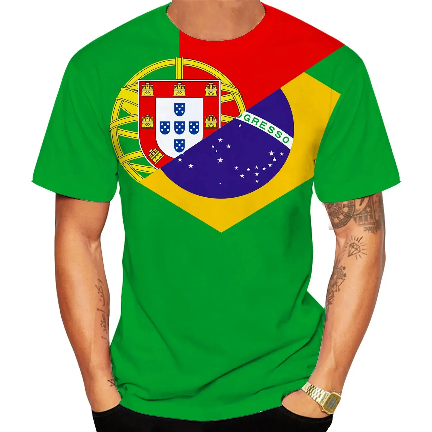S9008860bedcb46db91c7d3817bd2fe42f Camiseta 3D Bandeira Portugal e Brasil — Unissexo, Manga Curta 2024