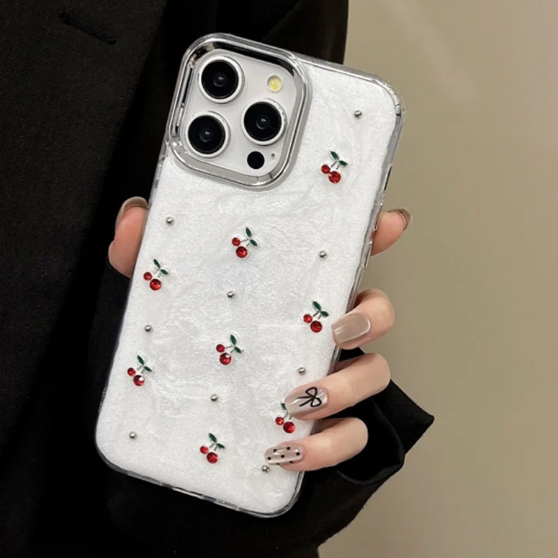 Fashion Electroplated Cartoon Diamond Glitter Cherry Cute Shockproof Silicone Case For iPhone 11 12 13 14 15 Pro Max Cover Girl