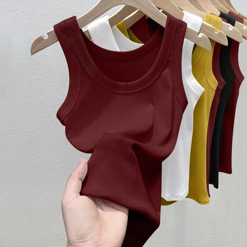 Women's Solid Round Neck RibbedTop Camisole Summer Basic Elastic Spaghetti Strap Top Lightweight Cool Base Shirt Sleeveless Vest 1