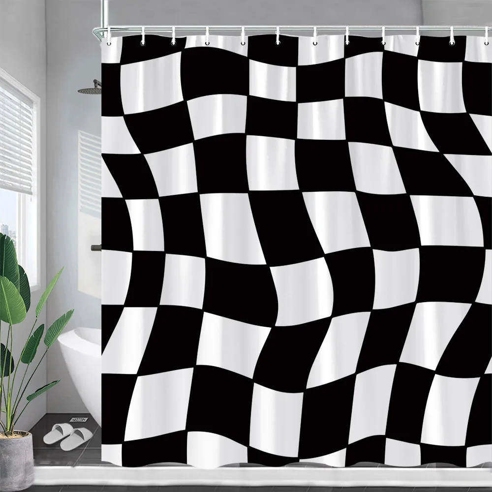 

Black White Plaid Shower Curtains Creative Splicing Geometric Bath Curtain Modern Minimalist Fabric Home Bathroom Decoration Set