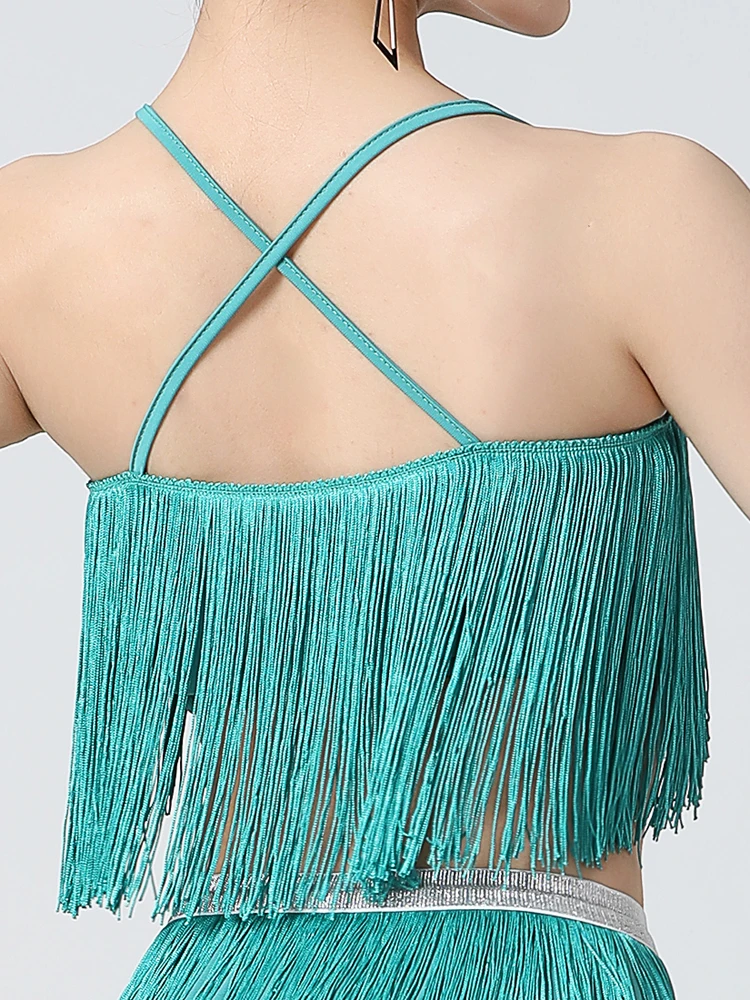 Women Tassel Trim Spaghetti Strap Slash Neck Camis Crop Top Vest
