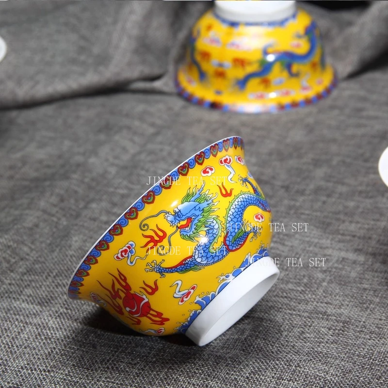 Jingdezhen Ceramic Tea Cup Household Dragon Bowl Colorful Yellow Dragon Patterned Rice Bowl Chinese Style Tea Cup