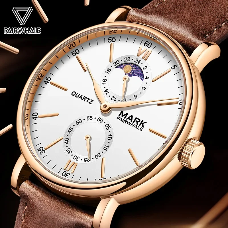 Mark Fairwhale Orologio Semplice Di Lusso Per Uomo Fasi Lunari Orologi Con Cinturino In Pelle Marrone Moda Orologio Da Polso Al Quarzo Impermeabile Ma