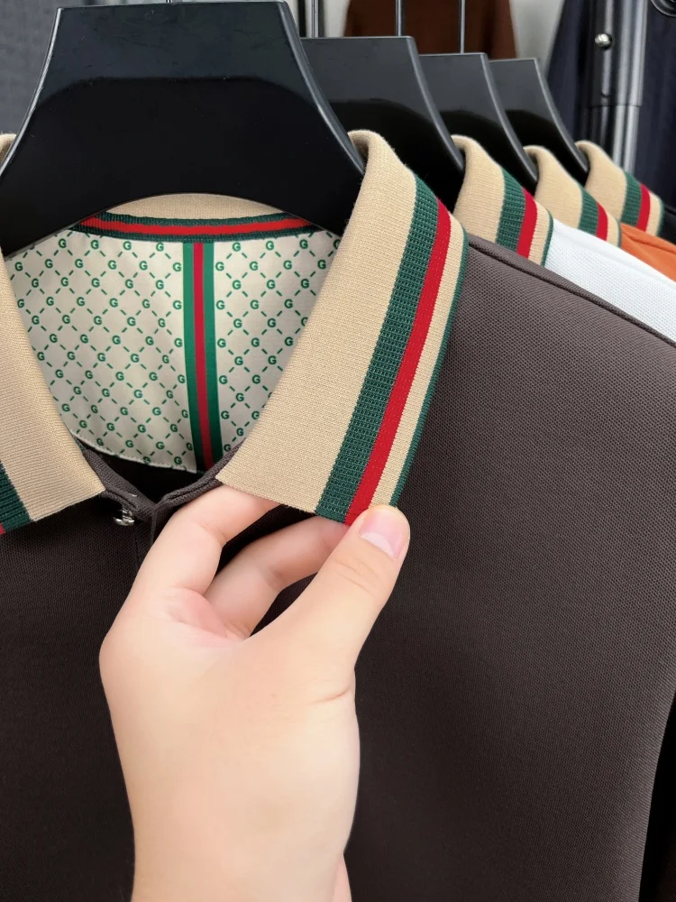 Luxusmarke Langarm-Poloshirt Herren Herbst neuer Modenartikel bestickte Bienen europäisches Farbblock-Revers-Freizeit-T-Shirt – Detail 13