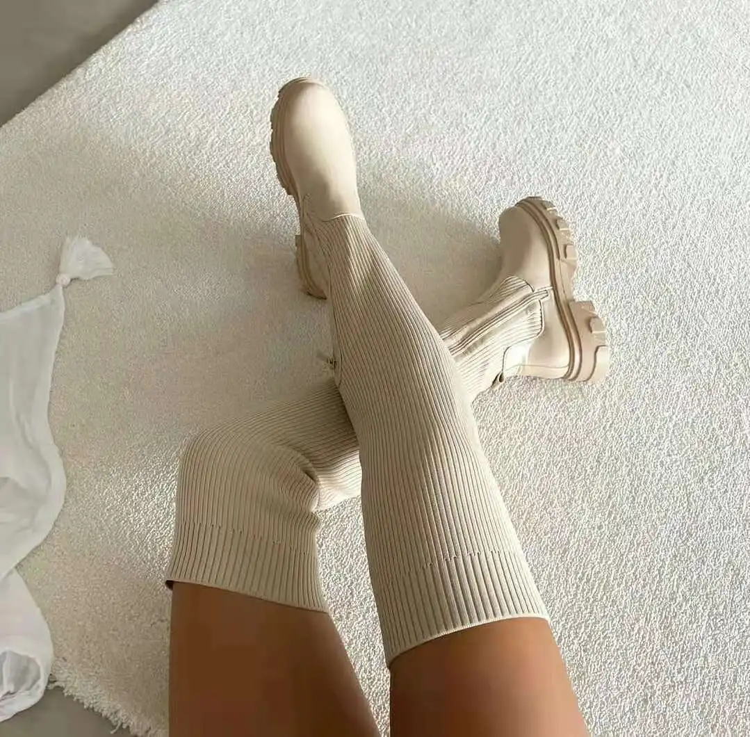 Women Thick Sole Boots Autumn Winter Breathable Knitting Sock Ladies Thigh High Boots Stretch Round Toe Shoes Plus Size 43 women high heel boots
